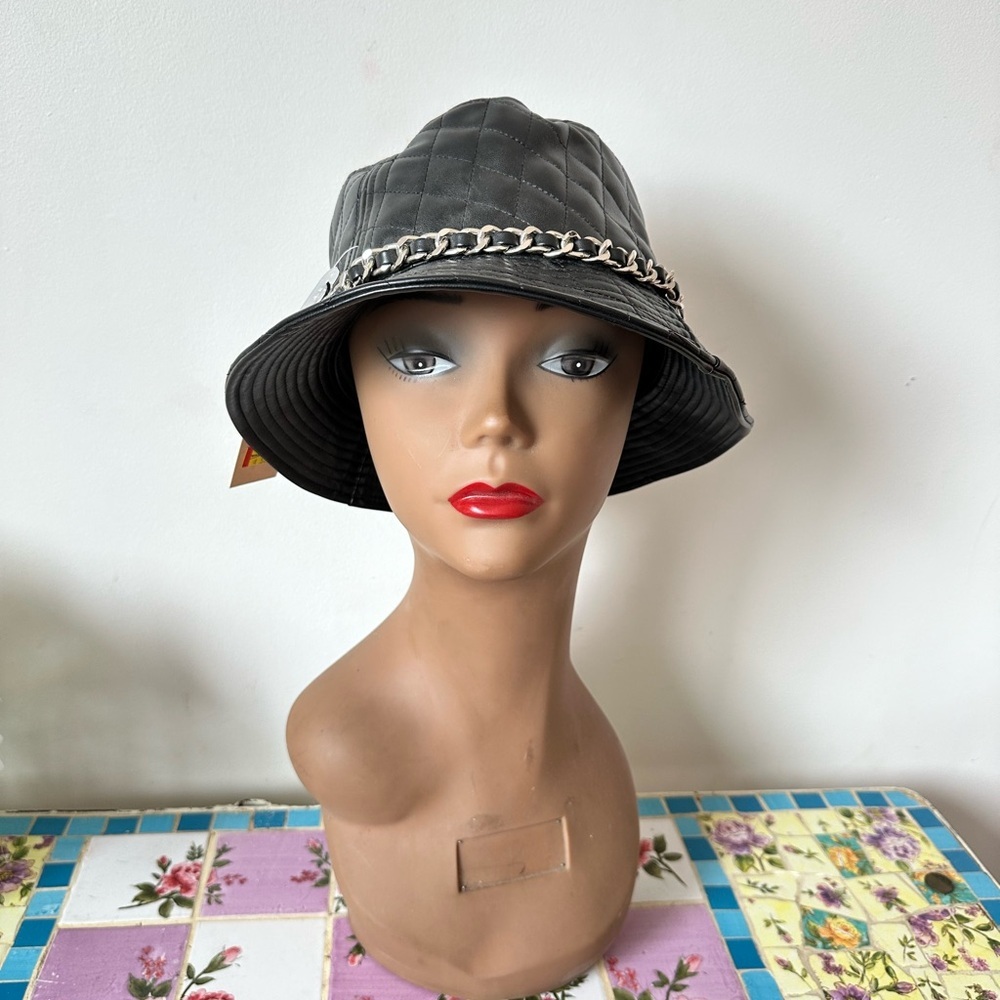 Stylish Black Quilted Leather Bucket Hat with Chain Detail